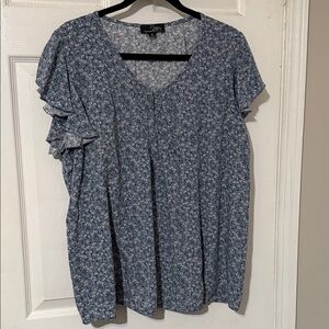 Suzanne Betro Blue Floral Blouse with Ruffled Sleeves